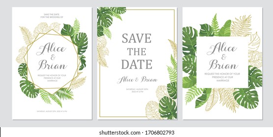 Wedding invitation set. Cards with tropical green leaves and line art graphic. Floral border. Save the date, invite, birthday card design. Vector illustration.