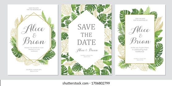 Wedding invitation set. Cards with tropical green leaves and line art graphic. Floral border. Save the date, invite, birthday card design. Vector illustration.