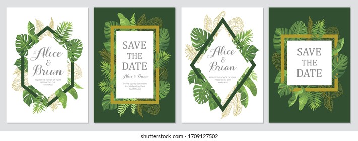 Invitación de boda establecida. Tarjetas con hojas verdes tropicales y gráfico de arte lineal. Borde floral. Guarde la fecha, invitación, diseño de la tarjeta de cumpleaños. Ilustración vectorial.