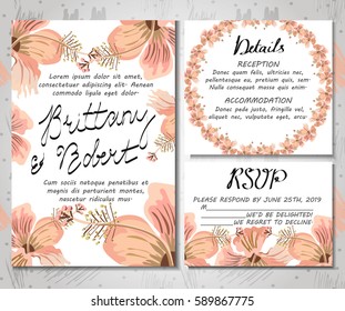 wedding INVITATION. Set of wedding cards with tropical flowers.