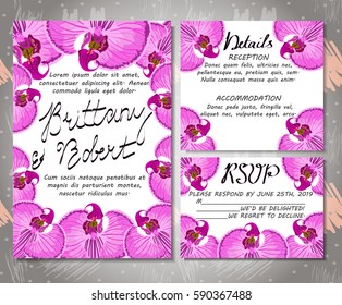 wedding INVITATION. Set of wedding cards with tropical flowers.