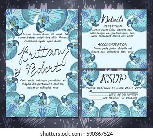 wedding INVITATION. Set of wedding cards with tropical flowers.