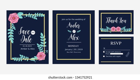 Wedding invitation set collection with blue and pink floral theme