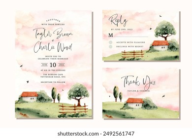 wedding invitation set with countryside view watercolor