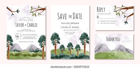 wedding invitation set with cute landscape background