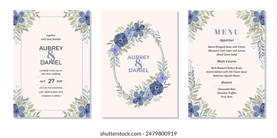wedding invitation set with delicate blue floral watercolor frame