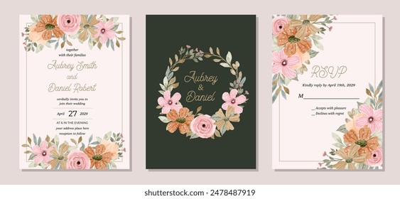 Hochzeitseinladungs-Set mit zartem rosa orangefarbenem Blumenaquarellrahmen