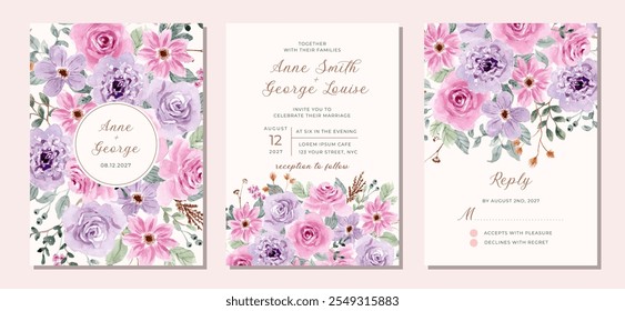 Hochzeitseinladungs-Set mit zartem violett-rosa floralem Aquarell-Hintergrund