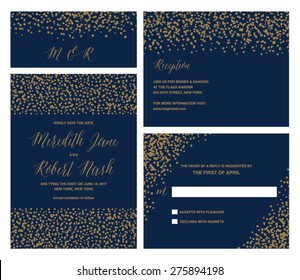 Wedding Invitation Set Design with Confetti on dark blue background