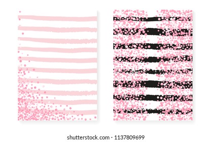 Wedding invitation set with dots and sequins. Bridal shower cards with pink glitter confetti. Vertical stripes background. Retro wedding invitation set for party, event, save the date flyer.