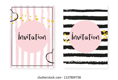 Wedding invitation set with dots and sequins. Bridal shower cards with gold glitter confetti. Vertical stripes background. Retro wedding invitation set for party, event, save the date flyer.