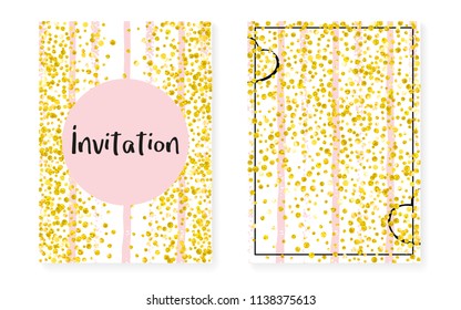 Wedding invitation set with dots and sequins. Bridal shower cards with gold glitter confetti. Vertical stripes background. Tender wedding invitation set for party, event, save the date flyer.