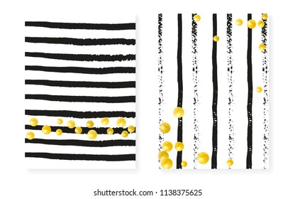 Wedding invitation set with dots and sequins. Bridal shower cards with gold glitter confetti. Vertical stripes background. Tender wedding invitation set for party, event, save the date flyer.