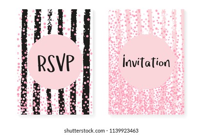 Wedding invitation set with dots and sequins. Bridal shower cards with pink glitter confetti. Vertical stripes background. Elegant wedding invitation set for party, event, save the date flyer.
