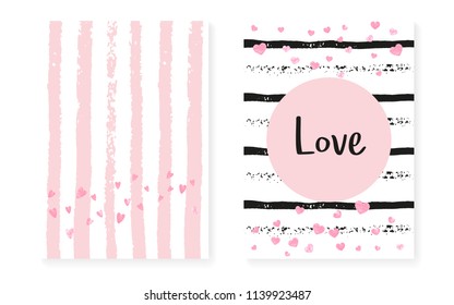 Wedding invitation set with dots and sequins. Bridal shower cards with pink glitter confetti. Vertical stripes background. Vintage wedding invitation set for party, event, save the date flyer.