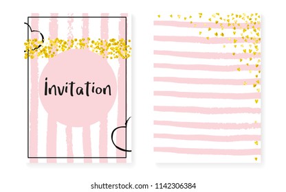 Wedding invitation set with dots and sequins. Bridal shower cards with gold glitter confetti. Vertical stripes background. Trendy wedding invitation set for party, event, save the date flyer.