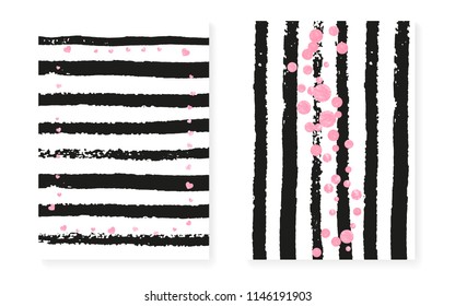 Wedding invitation set with dots and sequins. Bridal shower cards with pink glitter confetti. Vertical stripes background. Luxury wedding invitation set for party, event, save the date flyer.