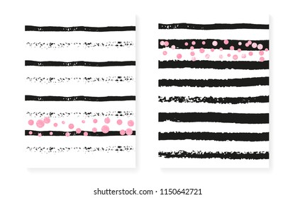 Wedding invitation set with dots and sequins. Bridal shower cards with pink glitter confetti. Vertical stripes background. Elegant wedding invitation set for party, event, save the date flyer.