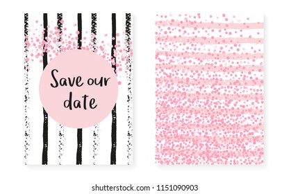 Wedding invitation set with dots and sequins. Bridal shower cards with pink glitter confetti. Vertical stripes background. Stylish wedding invitation set for party, event, save the date flyer.