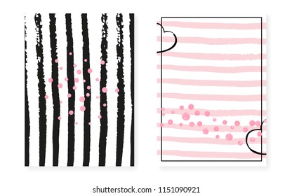 Wedding invitation set with dots and sequins. Bridal shower cards with pink glitter confetti. Vertical stripes background. Vintage wedding invitation set for party, event, save the date flyer.