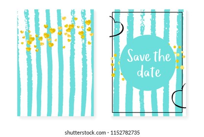 Wedding invitation set with dots, sequins. Bridal shower cards with gold glitter confetti. Vertical turquoise stripes background. Fashion wedding invitation set for party, event, save the date flyer