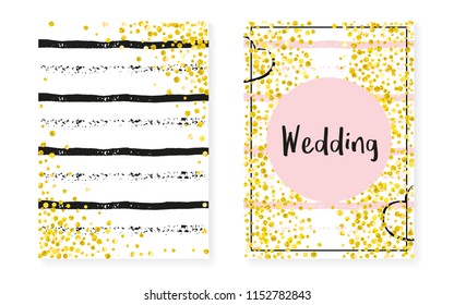 Wedding invitation set with dots and sequins. Bridal shower cards with gold glitter confetti. Vertical stripes background. Vintage wedding invitation set for party, event, save the date flyer.