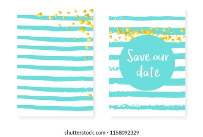 Wedding invitation set with dots, sequins. Bridal shower cards with gold glitter confetti. Vertical mint stripes background. Hipster wedding invitation set for party, event, save the date flyer