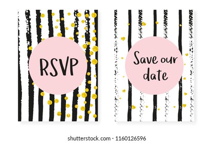 Wedding invitation set with dots and sequins. Bridal shower cards with gold glitter confetti. Vertical stripes background. Trendy wedding invitation set for party, event, save the date flyer.