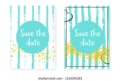 Wedding invitation set with dots, sequins. Bridal shower cards with gold glitter confetti. Vertical turquoise stripes background. Elegant wedding invitation set for party, event, save the date flyer