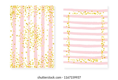 Wedding invitation set with dots and sequins. Bridal shower cards with gold glitter confetti. Vertical stripes background. Tender wedding invitation set for party, event, save the date flyer.