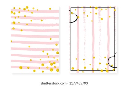 Wedding invitation set with dots and sequins. Bridal shower cards with gold glitter confetti. Vertical stripes background. Vintage wedding invitation set for party, event, save the date flyer.