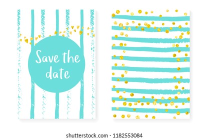 Wedding invitation set with dots, sequins. Bridal shower cards with gold glitter confetti. Vertical turquoise stripes background. Vintage wedding invitation set for party, event, save the date flyer