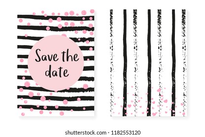 Wedding invitation set with dots and sequins. Bridal shower cards with pink glitter confetti. Vertical stripes background. Hipster wedding invitation set for party, event, save the date flyer.
