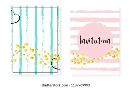 Wedding invitation set with dots and sequins. Bridal shower cards with gold glitter confetti. Vertical stripes background. Retro wedding invitation set for party, event, save the date flyer.