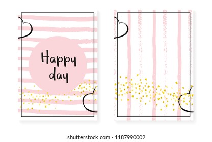 Wedding invitation set with dots and sequins. Bridal shower cards with gold glitter confetti. Vertical stripes background. Trendy wedding invitation set for party, event, save the date flyer.