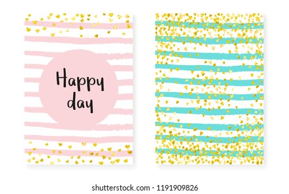 Wedding invitation set with dots and sequins. Bridal shower cards with gold glitter confetti. Vertical stripes background. Vintage wedding invitation set for party, event, save the date flyer.