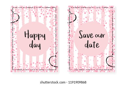 Wedding invitation set with dots and sequins. Bridal shower cards with pink glitter confetti. Vertical stripes background. Trendy wedding invitation set for party, event, save the date flyer.
