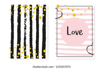 Wedding invitation set with dots and sequins. Bridal shower cards with gold glitter confetti. Vertical stripes background. Retro wedding invitation set for party, event, save the date flyer.