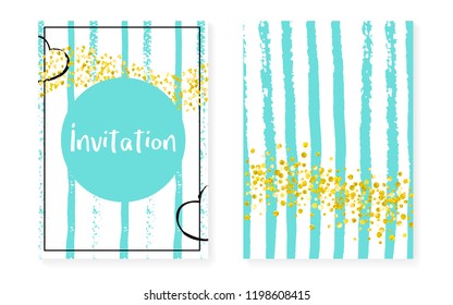 Wedding invitation set with dots, sequins. Bridal shower cards with gold glitter confetti. Vertical turquoise stripes background. Elegant wedding invitation set for party, event, save the date flyer