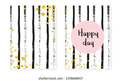 Wedding invitation set with dots and sequins. Bridal shower cards with gold glitter confetti. Vertical stripes background. Vintage wedding invitation set for party, event, save the date flyer.