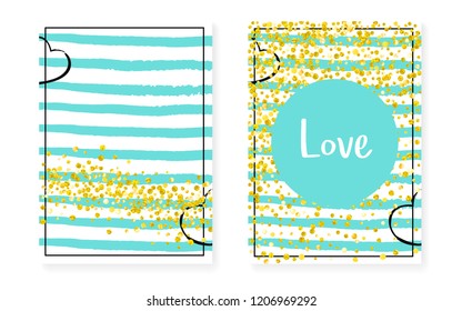 Wedding invitation set with dots, sequins. Bridal shower cards with gold glitter confetti. Vertical turquoise stripes background. Retro wedding invitation set for party, event, save the date flyer
