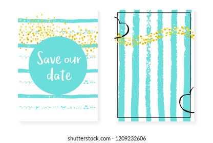 Wedding invitation set with dots, sequins. Bridal shower cards with gold glitter confetti. Vertical turquoise stripes background. Fashion wedding invitation set for party, event, save the date flyer