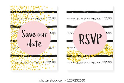 Wedding invitation set with dots and sequins. Bridal shower cards with gold glitter confetti. Vertical stripes background. Trendy wedding invitation set for party, event, save the date flyer.