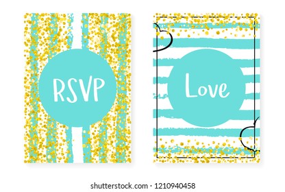Wedding invitation set with dots, sequins. Bridal shower cards with gold glitter confetti. Vertical mint stripes background. Luxury wedding invitation set for party, event, save the date flyer
