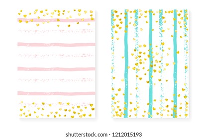Wedding invitation set with dots and sequins. Bridal shower cards with gold glitter confetti. Vertical stripes background. Fashion wedding invitation set for party, event, save the date flyer.