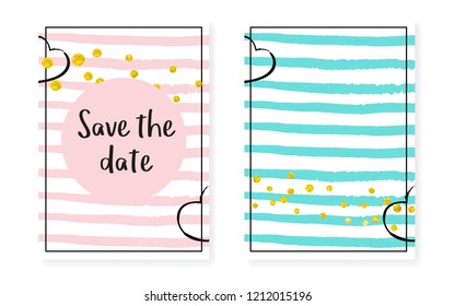 Wedding invitation set with dots and sequins. Bridal shower cards with gold glitter confetti. Vertical stripes background. Tender wedding invitation set for party, event, save the date flyer.