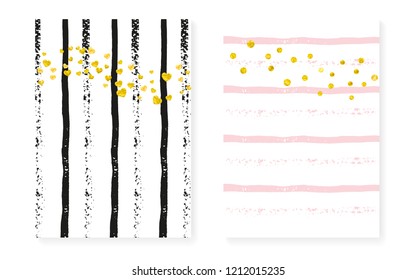 Wedding invitation set with dots and sequins. Bridal shower cards with gold glitter confetti. Vertical stripes background. Vintage wedding invitation set for party, event, save the date flyer.
