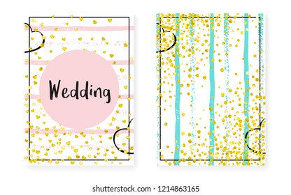 Wedding invitation set with dots and sequins. Bridal shower cards with gold glitter confetti. Vertical stripes background. Stylish wedding invitation set for party, event, save the date flyer.