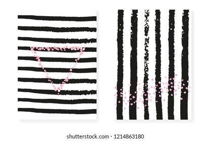 Wedding invitation set with dots and sequins. Bridal shower cards with pink glitter confetti. Vertical stripes background. Elegant wedding invitation set for party, event, save the date flyer.