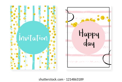 Wedding invitation set with dots and sequins. Bridal shower cards with gold glitter confetti. Vertical stripes background. Stylish wedding invitation set for party, event, save the date flyer.